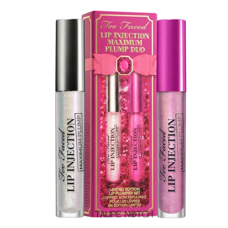 Lip gloss duo set with two shiny plumping tubes, one silver-gold and one magenta