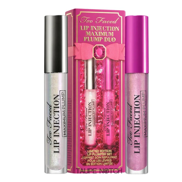 Lip gloss duo set with two shiny plumping tubes, one silver-gold and one magenta