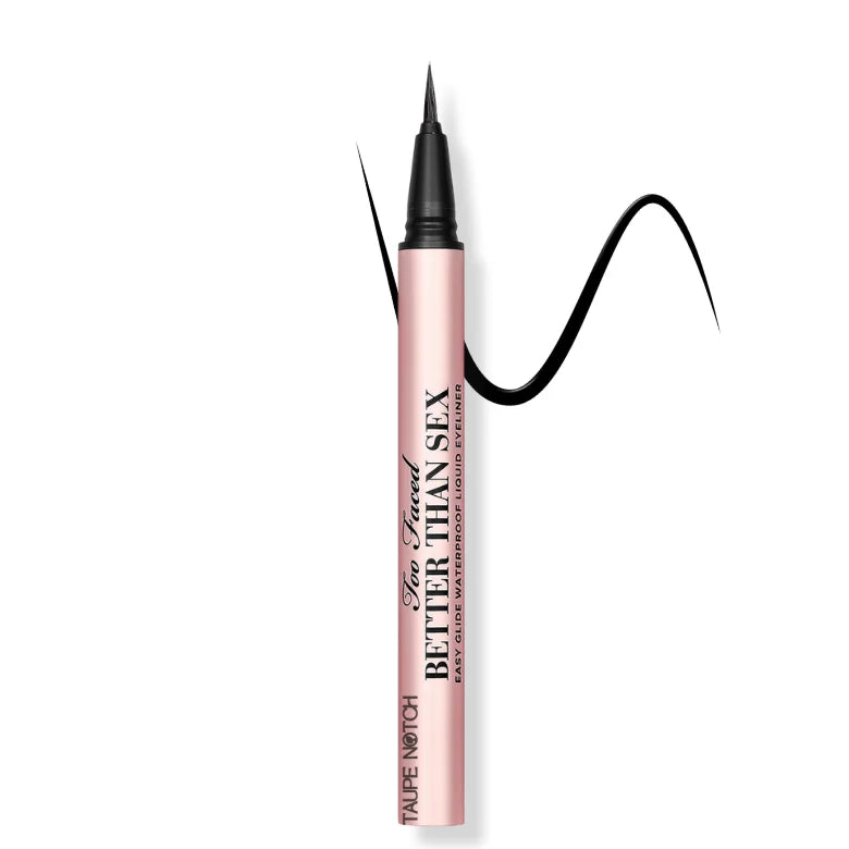 Liquid eyeliner pen with pointed black tip and pink tube