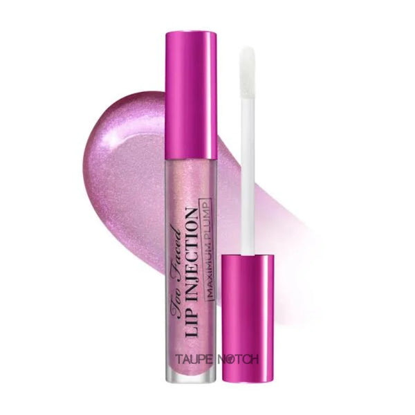 Lip gloss tube with pink-magenta cap and glittery mauve sheen plus clear applicator wand