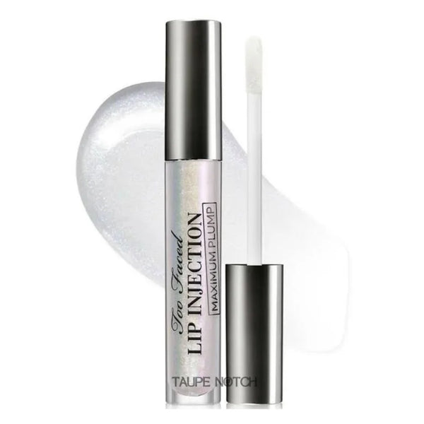 Lip gloss tube with silver cap and pearly beige shimmer plus clear applicator wand