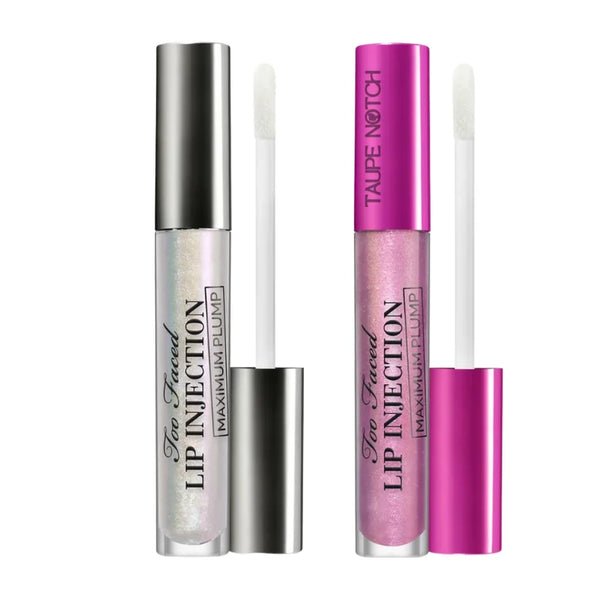 Lip gloss duo with two applicators, silver glitter and lavender-magenta
