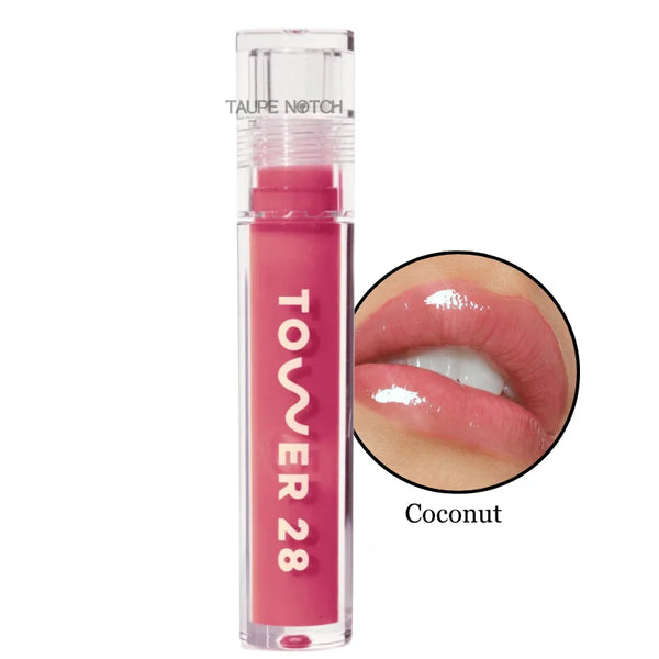 Coconut lip oil jelly: clear tube and glossy rosy-coral lip swatch