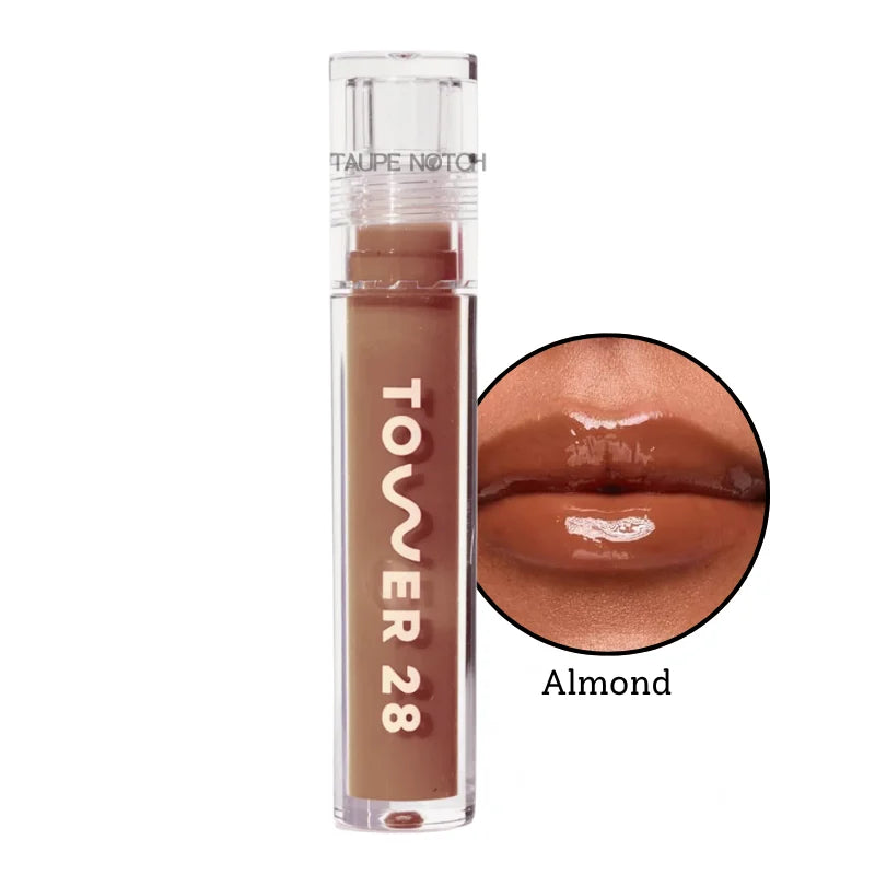 Almond lip oil jelly: clear tube and glossy brown-beige lip swatch