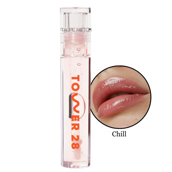 Chill lip oil jelly: clear tube and glossy pink-nude lip swatch