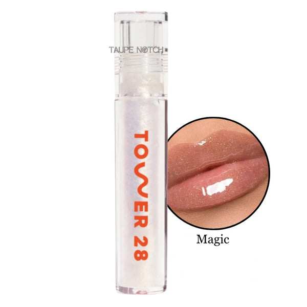 Magic lip oil jelly: clear tube and glossy rosy lip swatch