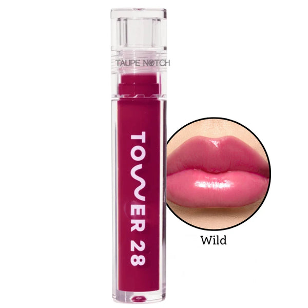 Wild lip oil jelly: clear tube and glossy magenta lip swatch