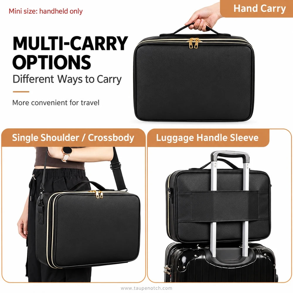 Black rectangular travel bag with gold zipper accents, shown in multiple carry options: handheld, worn crossbody with a model, and attached as a luggage handle sleeve over a suitcase. Text highlights multi-carry options and hand carry.