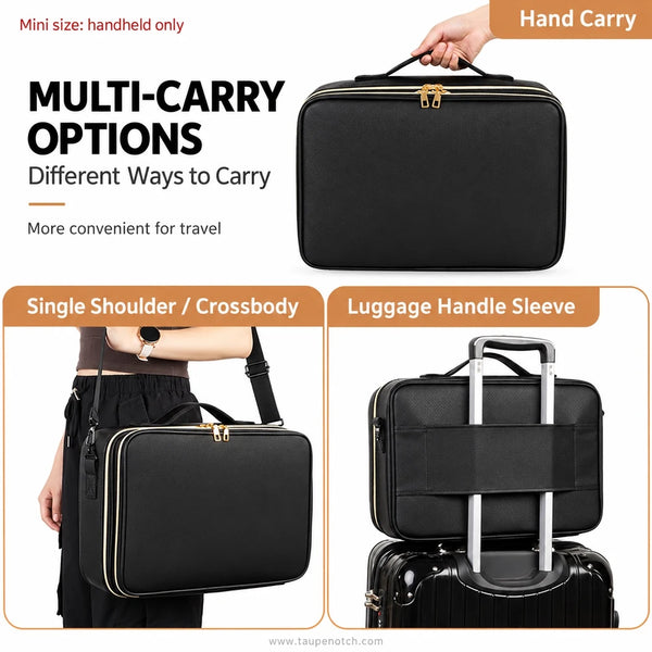 Black rectangular travel bag with gold zipper accents, shown in multiple carry options: handheld, worn crossbody with a model, and attached as a luggage handle sleeve over a suitcase. Text highlights multi-carry options and hand carry.