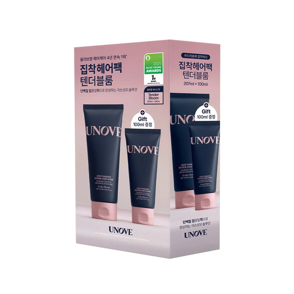 UNOVE Hair Care Set box containing two navy blue tubes with pink caps, shown on a clean white background.