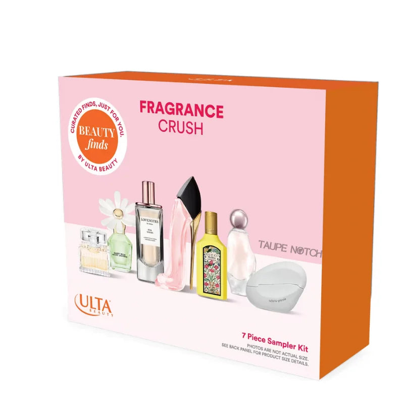 Fragrance Crush 7-piece sampler kit box angled view with bottle lineup