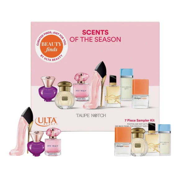 Perfume sampler kit gift box with multiple fragrance bottles shown in panels
