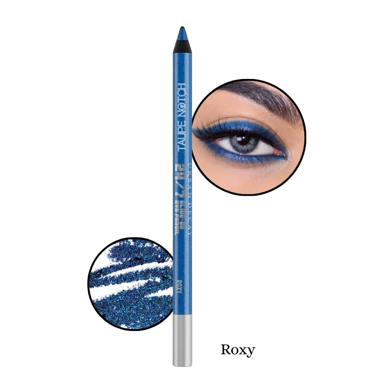 Waterproof eyeliner pencil in bright blue shade with bold lined eye look