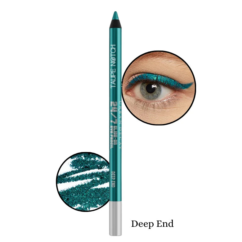 Waterproof eyeliner pencil in deep teal shade with teal winged eye liner