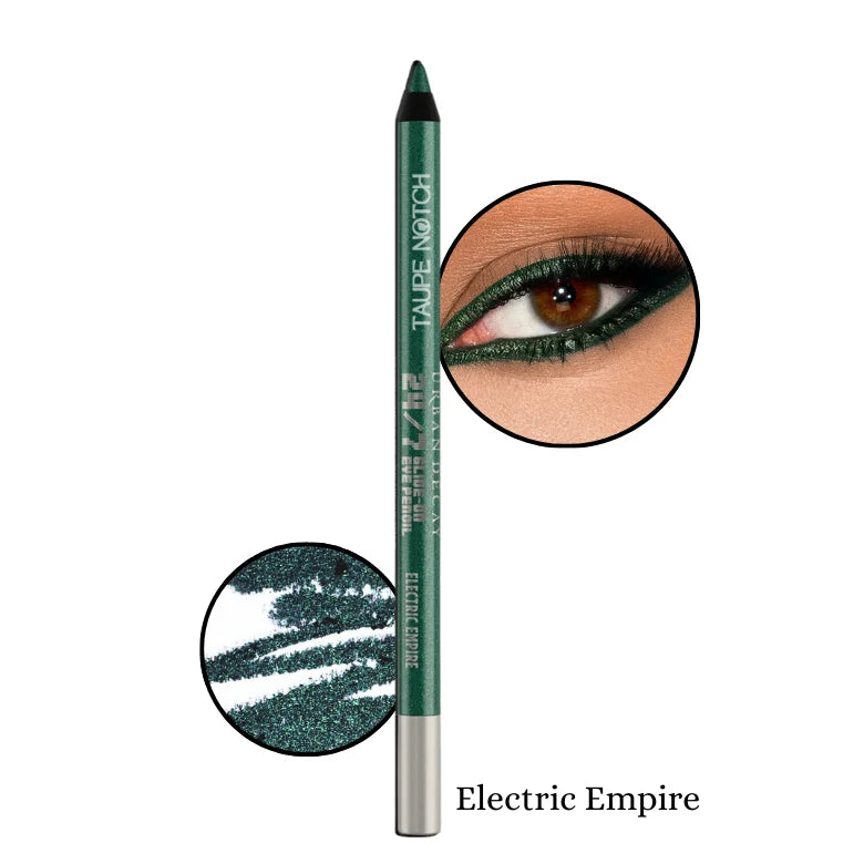 Waterproof eyeliner pencil in dark green shade with green-lined eye look