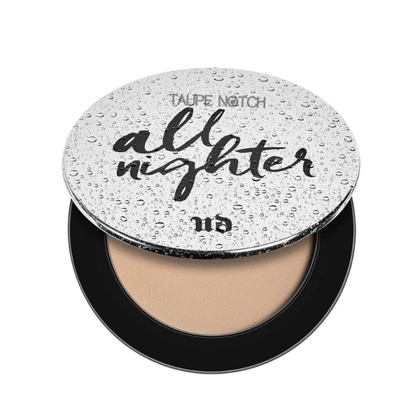 Waterproof setting powder compact, beige All Nighter shade in circular case.
