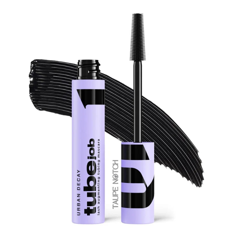 Urban Decay Tube Job Lash Augmenting Tubing Mascara in purple tube open with wand and black mascara swatch on white background