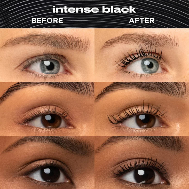 Urban Decay Tube Job mascara before and after results on three women with different eye colors showing intense black lash lengthening