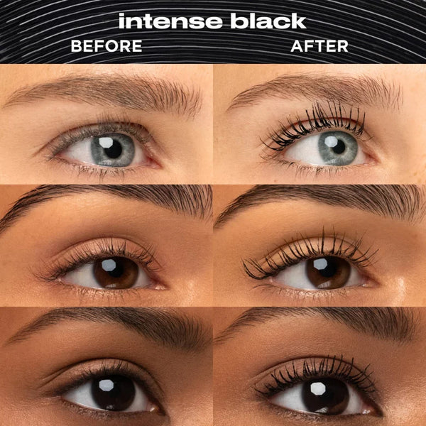Intense black tubing mascara on lashes, before-and-after close-up
