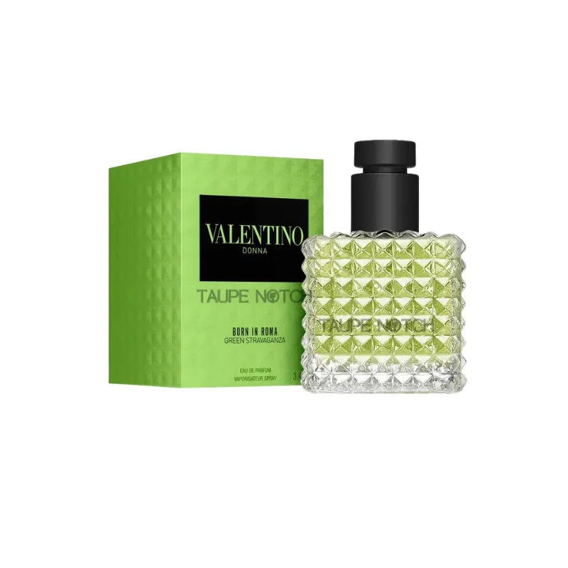 Green eau de parfum set with faceted glass bottle and black cap, 6 ml
