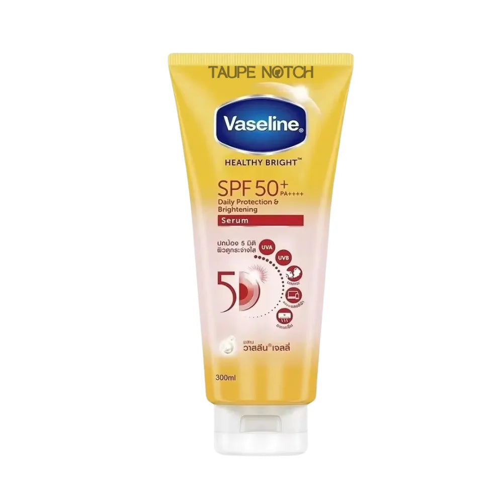 Vaseline Healthy Bright SPF50+ serum in golden squeeze tube with flip cap, 300 ml