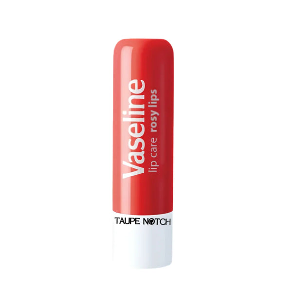 Vaseline lip balm in rosy-lips red stick container with white label