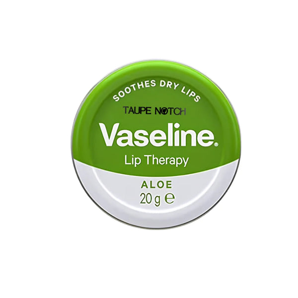 Vaseline Aloe lip therapy balm tin, round green and white container with label