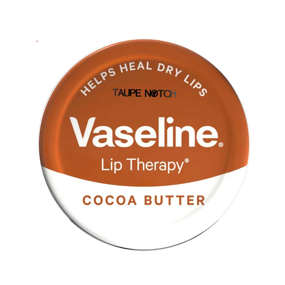 Cocoa butter lip balm tin with orange-brown lid and white base