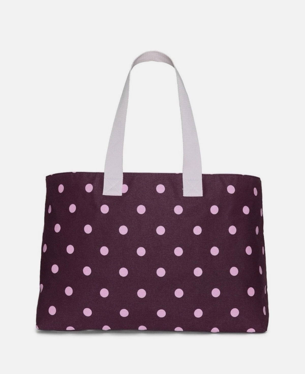 Polka dot canvas tote bag with light purple handles, dark plum and white dots