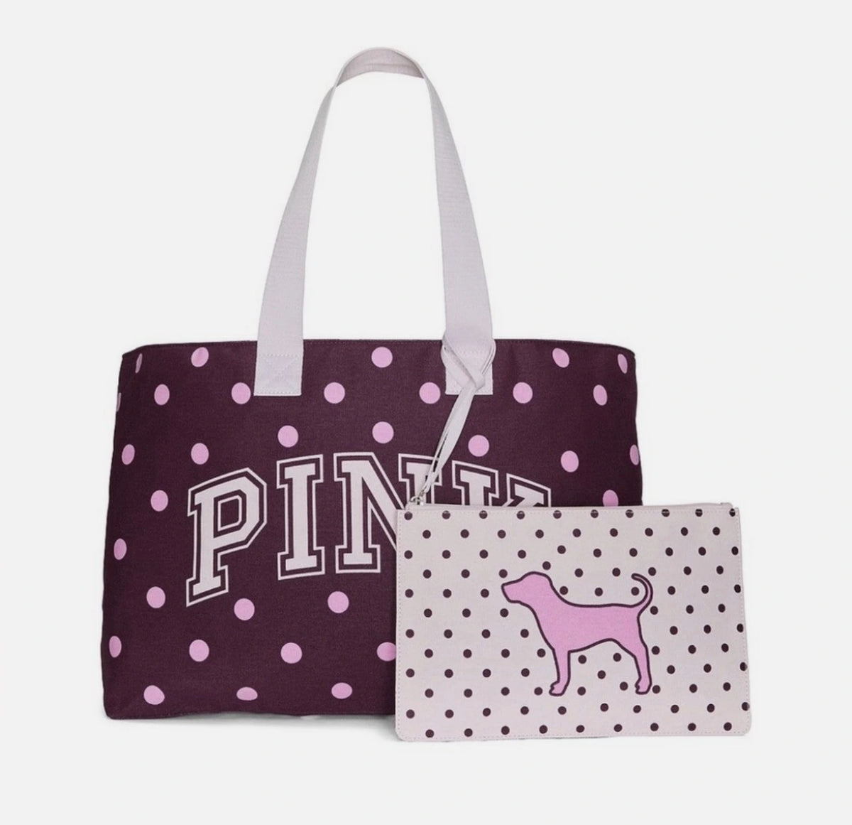 Polka dot tote bag with “PINK” logo plus matching wristlet pouch, dark plum and dots