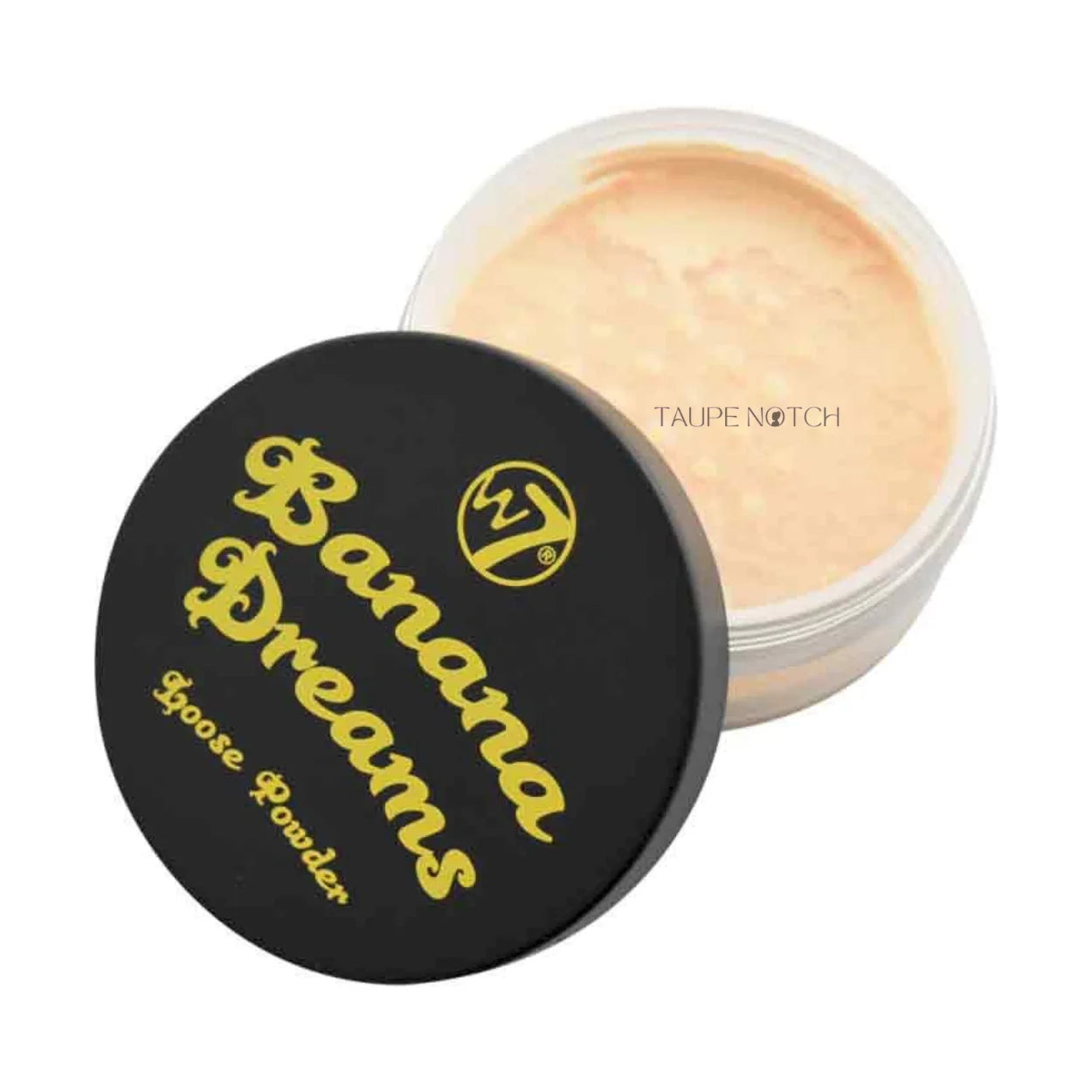 Loose powder compact with open pan, beige powder, black lid with gold logo