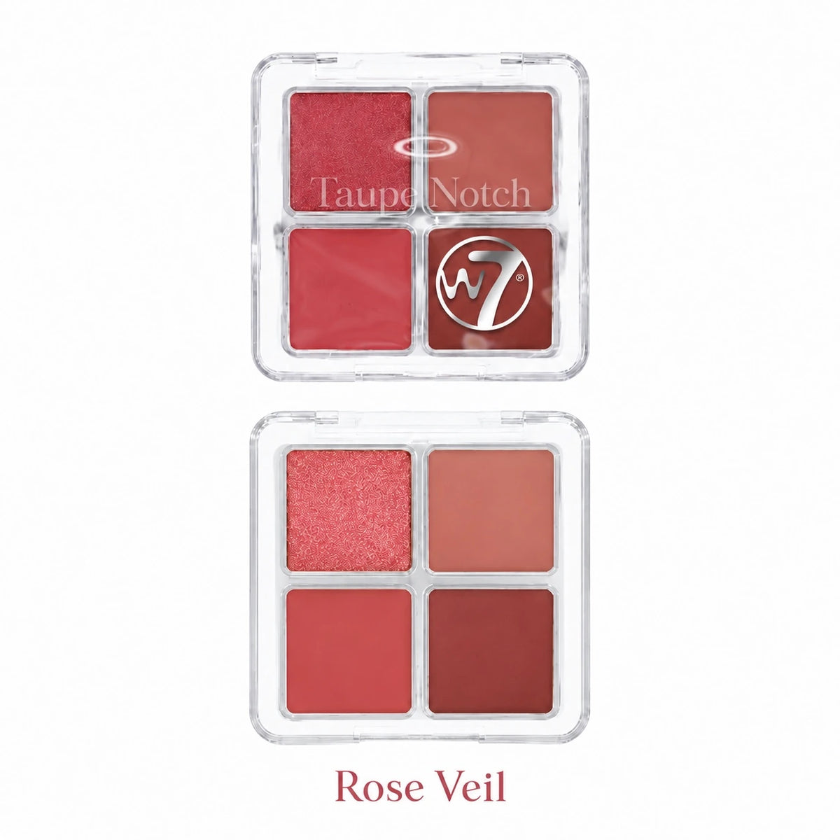 A four-pan makeup palette in a clear plastic case, shown open against a white background. The shades include shimmery coral, matte coral, bright peach, and a metallic silver 'W7’ logo on a coral pan.
