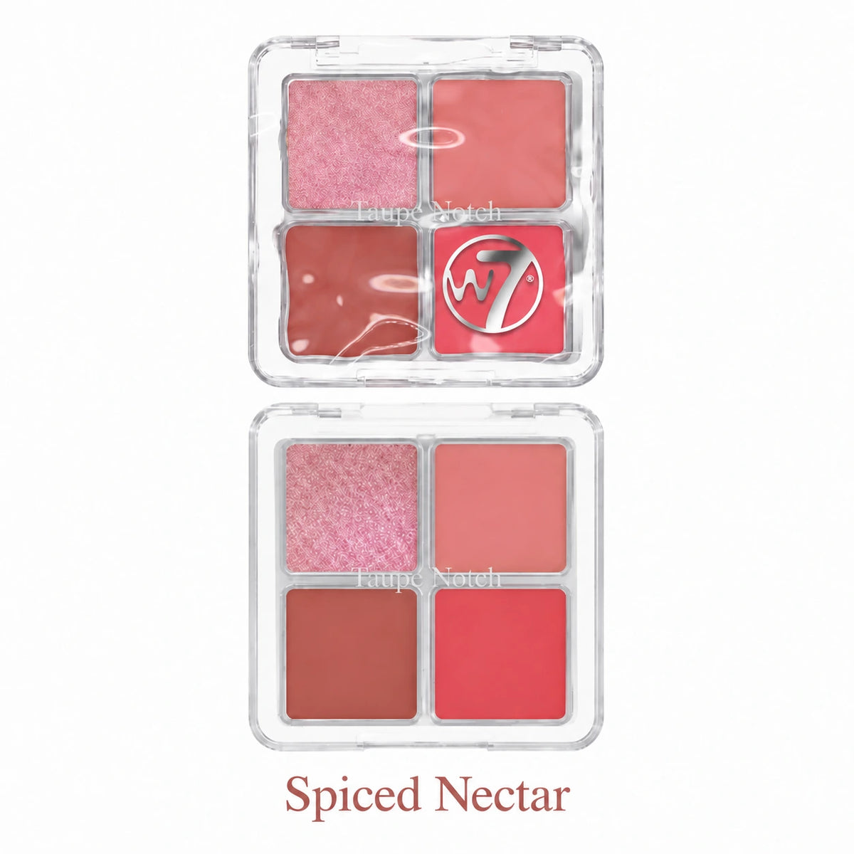 A four-pan makeup palette in a clear plastic case, shown open against a white background. The shades include shimmery pink, matte peach, bright peach, and a metallic silver 'W7 logo on a pink pan.