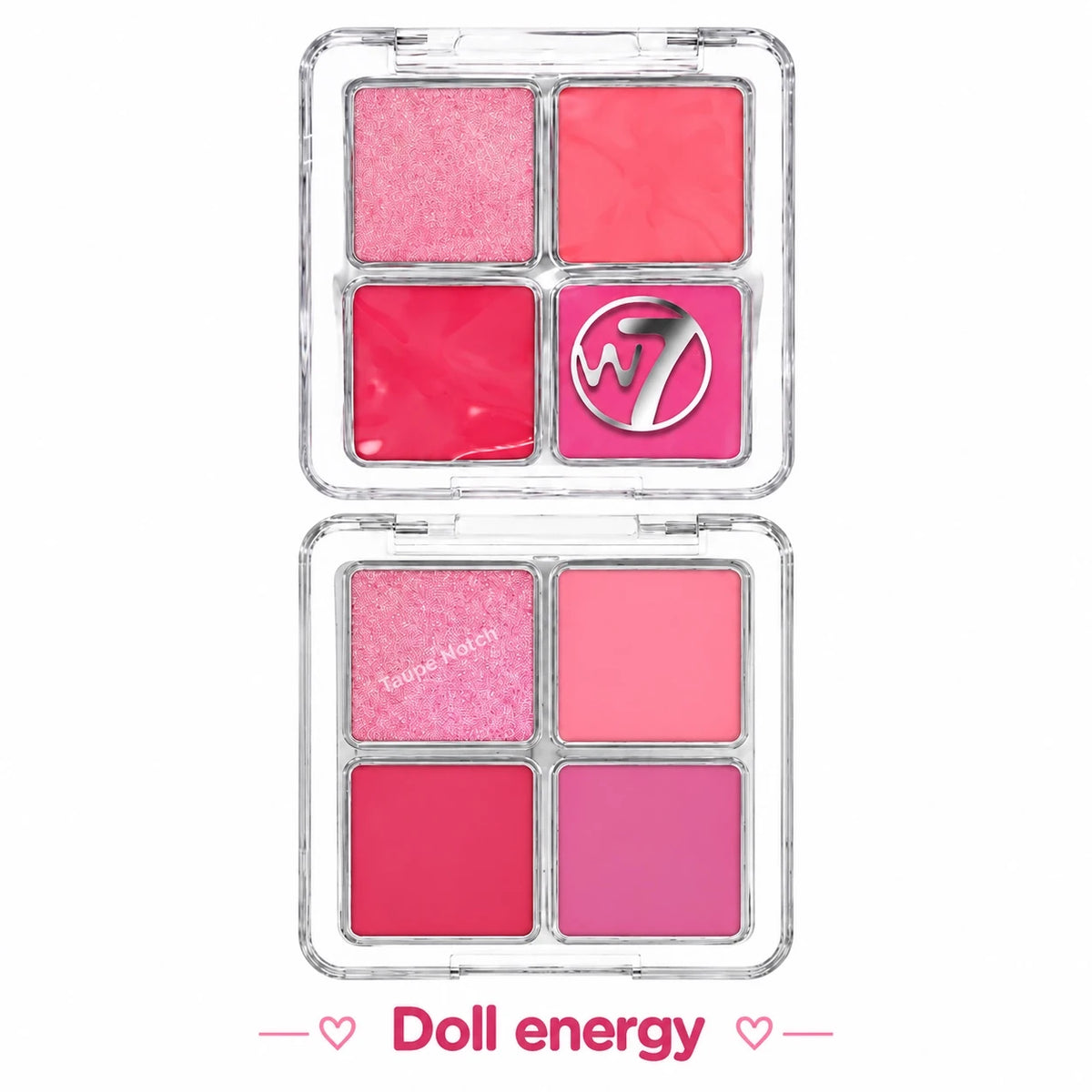 A four-pan makeup palette in a clear plastic case, shown open against a white background. The shades include shimmery pink, matte pink, bright pink, and a metallic silver 'W' logo on a pink pan.