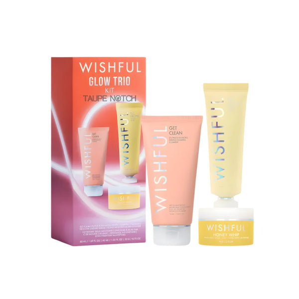 WISHFUL Glow Trio Kit with three facial skincare tubes and a cream container