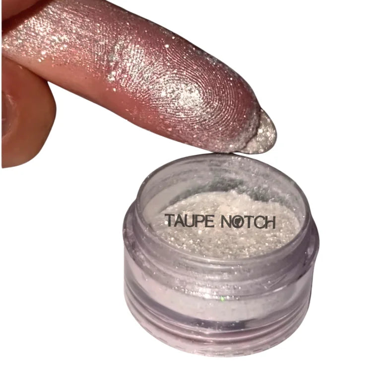 Taupe glitter pigment in clear jar, fine starry sparkle