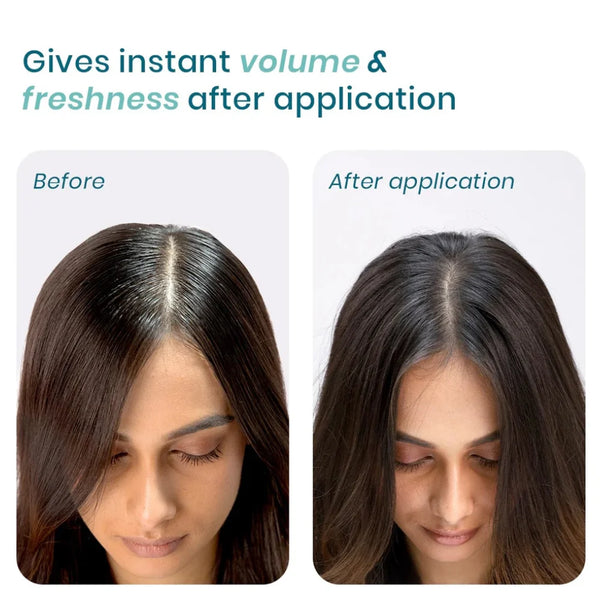 Before-and-after hair photos showing fuller, refreshed hair after application