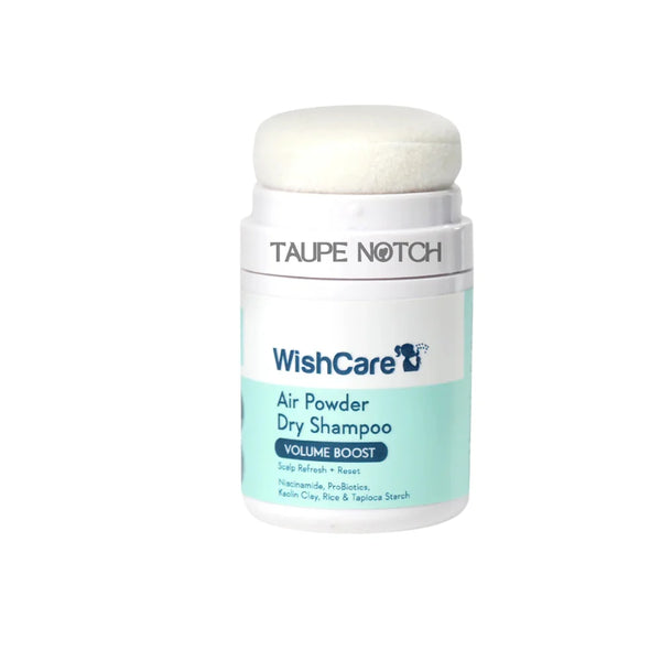 Air powder dry shampoo bottle with white cap and light blue label, volume boost
