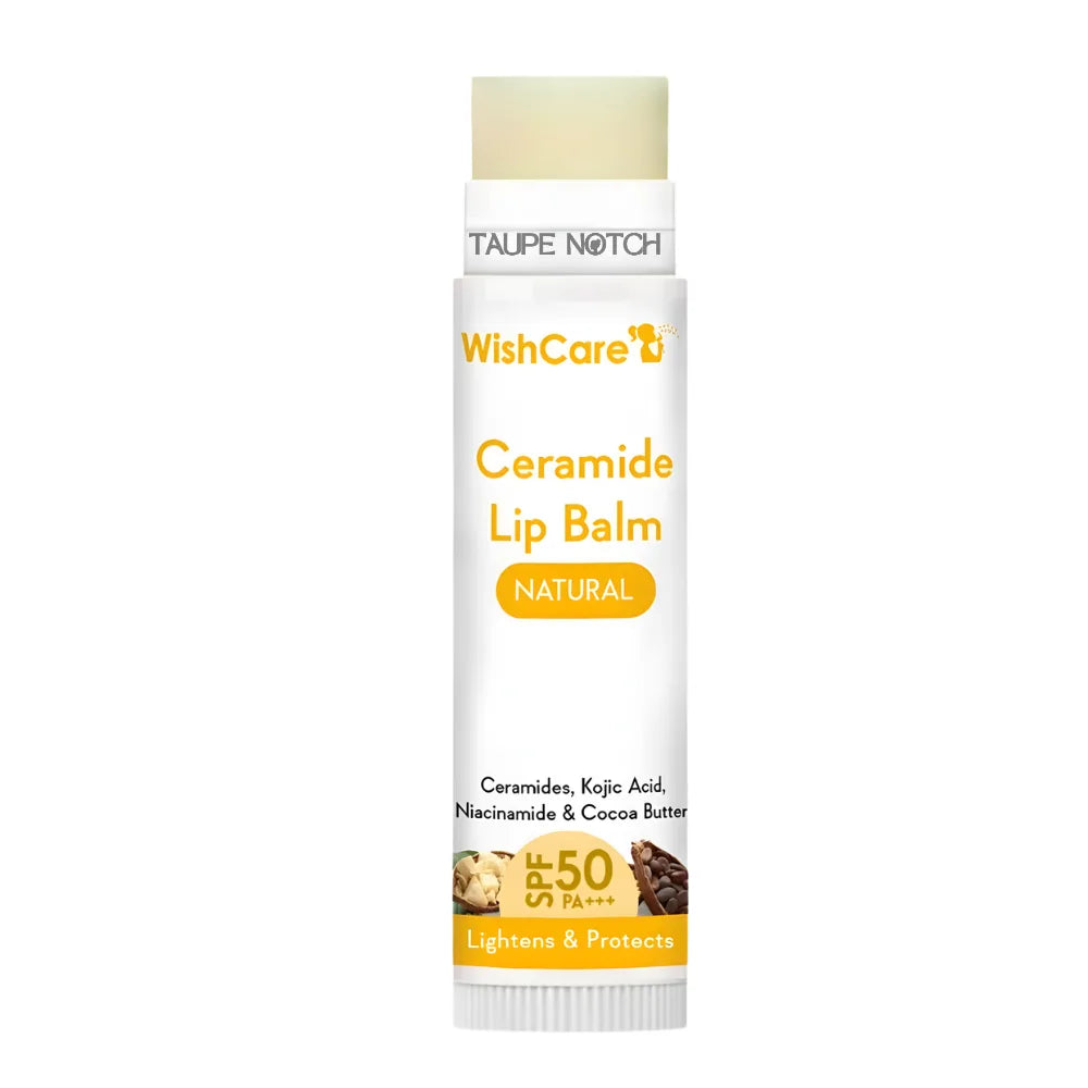 Ceramide lip balm, SPF 50, untinted natural, white tube with gold label