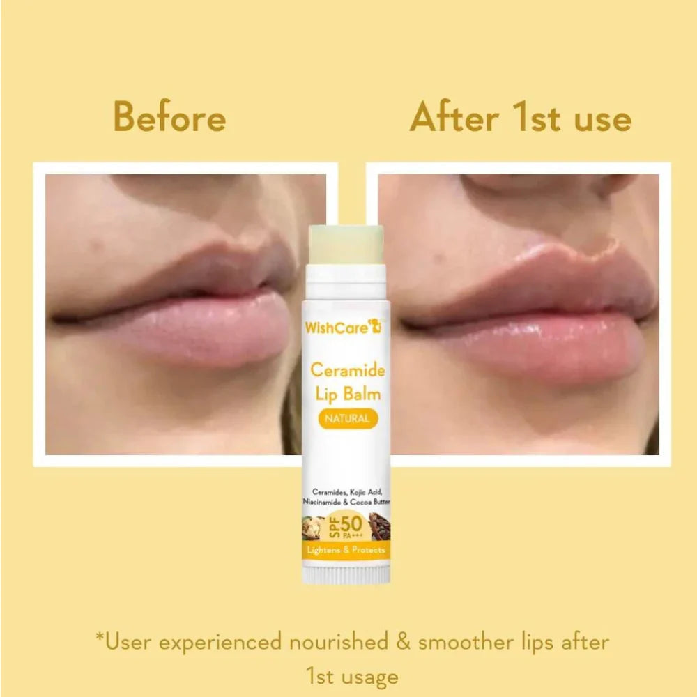 Lip balm with SPF shown between before and after lip photos