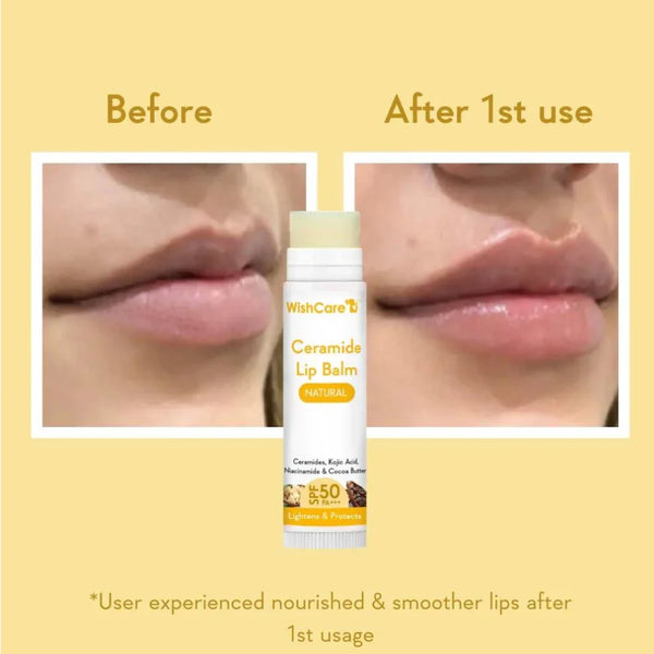 Lip balm with SPF shown between before and after lip photos