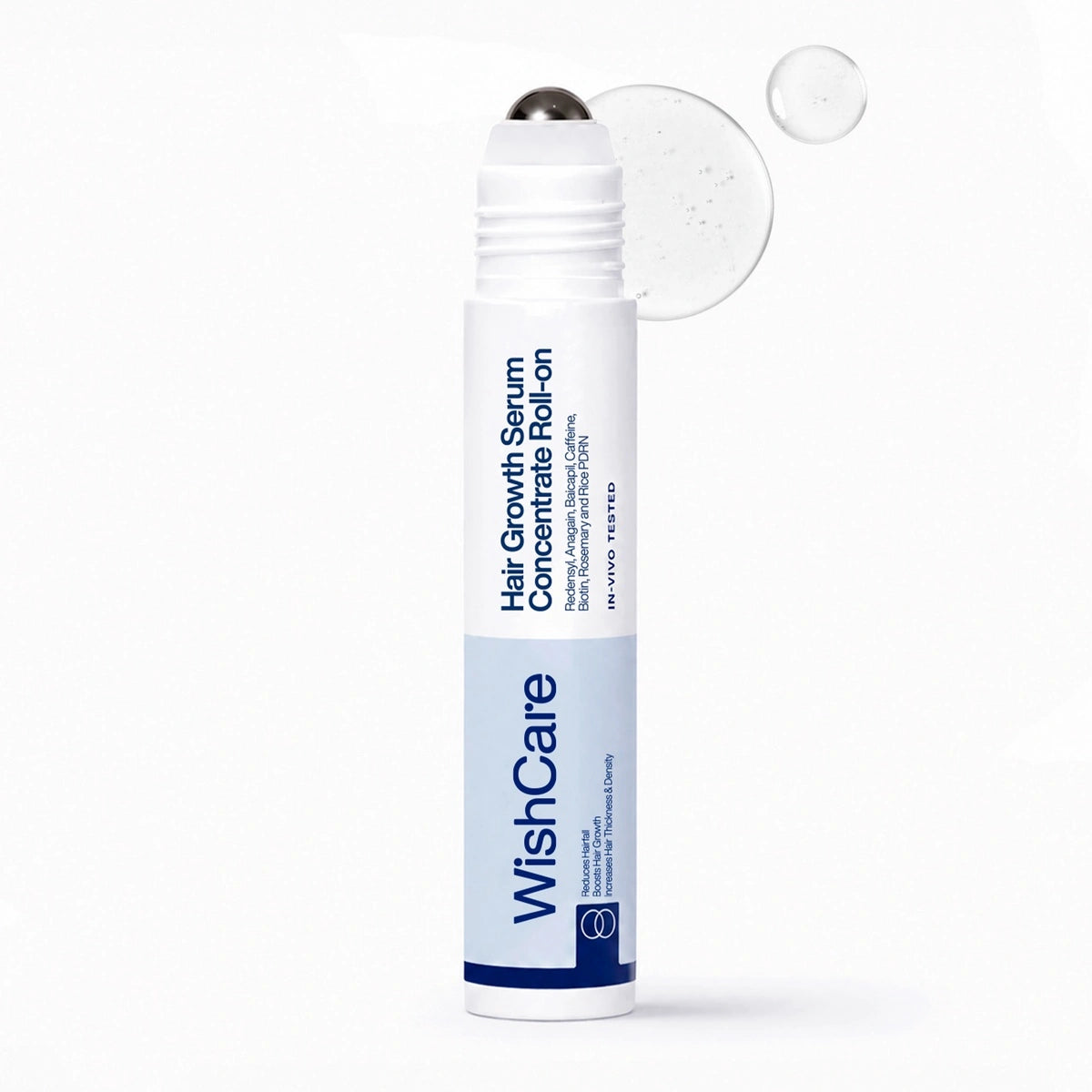 WishCare Hair Growth Serum Coenzyme Q10 roll-on bottle with a clear cap and a floating clear gel droplet graphic on a white background.