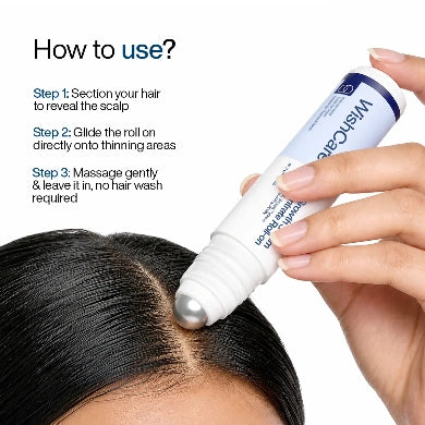A close-up of a hand applying a silver rollerball from a white and blue bottle onto a person's scalp, with instructional text on the left reading 'How to use?'.