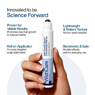 A hand holds a white cylindrical hair growth serum bottle labeled WishCare against a light gray background with promotional text about the product.
