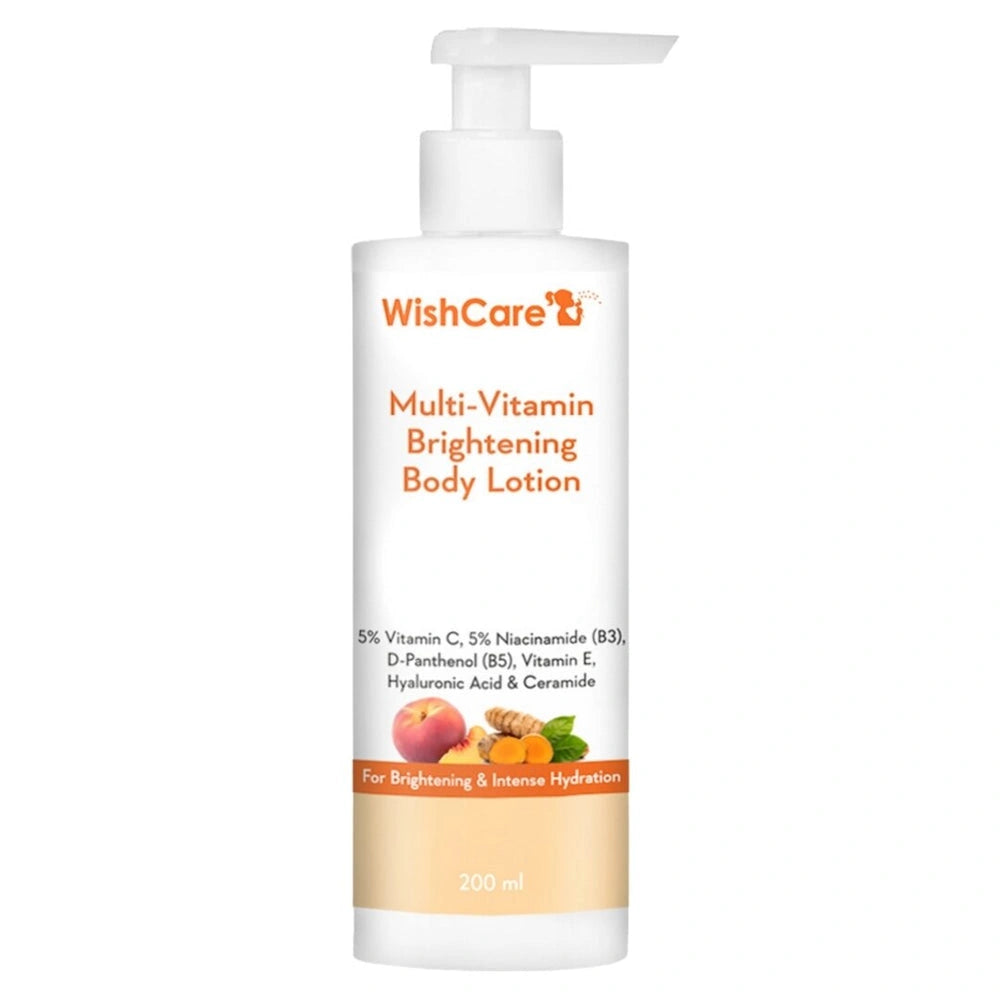 WishCare Multi-Vitamin Brightening Body Lotion in a 200 ml white pump bottle with orange and beige text and graphics on a white background.