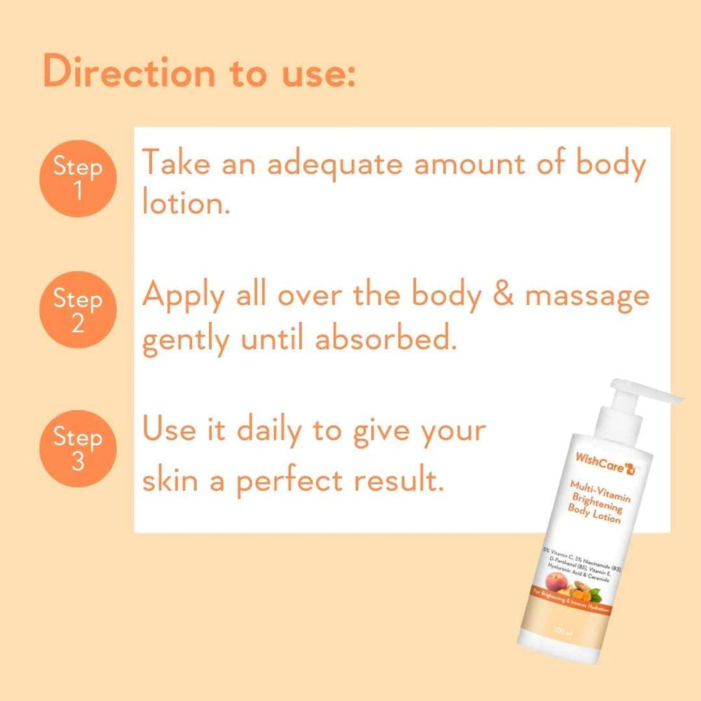 Instructional graphic showing how to use WisCare Multi-Vitamin Body Lotion, with three numbered steps in orange circles and a bottle of the white body lotion shown in the lower right on a peach background.