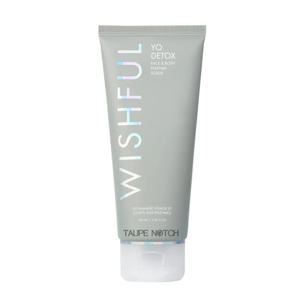 Charcoal enzyme scrub tube, taupe-gray, vertical label and flip-top cap, 100 ml.