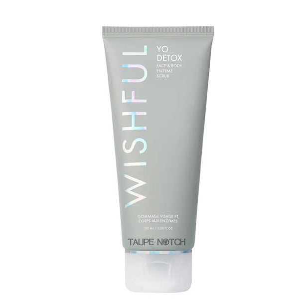 Charcoal enzyme scrub tube, taupe-gray, vertical label and flip-top cap, 100 ml.