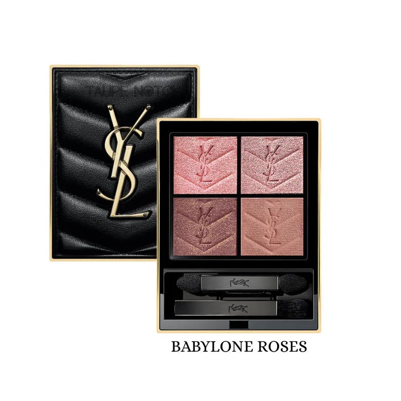 YSL Couture Mini Clutch eyeshadow palette in Babylone Roses with four soft pink and mauve shimmer shades in signature quilted black and gold compact​​​​​​​​​​​​​​​​