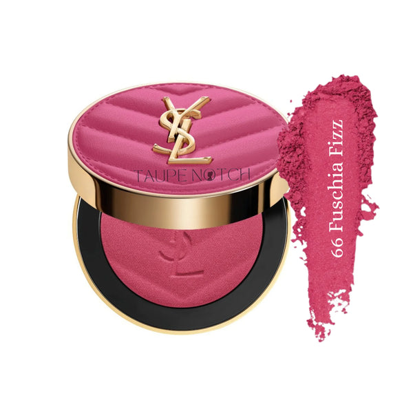 Powder blush compact with fuchsia pink powder and gold YSL emblem